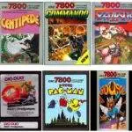 A collection of Nintendo game cartridges, including some Atari 7800 games.