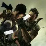 A man and a woman holding a piece of paper while playing the Wii version of Resident Evil 5, published by Capcom.