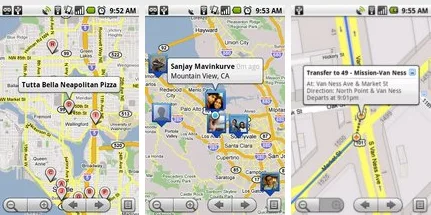 An Android app with Google Maps Navigation showing different locations globally.