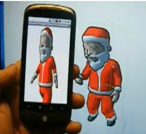 A person holding a Google Nexus One cell phone with a 3D Engine-generated santa claus on its display.
