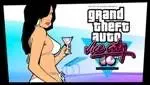 A woman in a bikini is holding a glass of wine in Vice City.