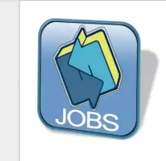 A blue and yellow button with the word jobs on it, featuring the JobSearchEngine logo.